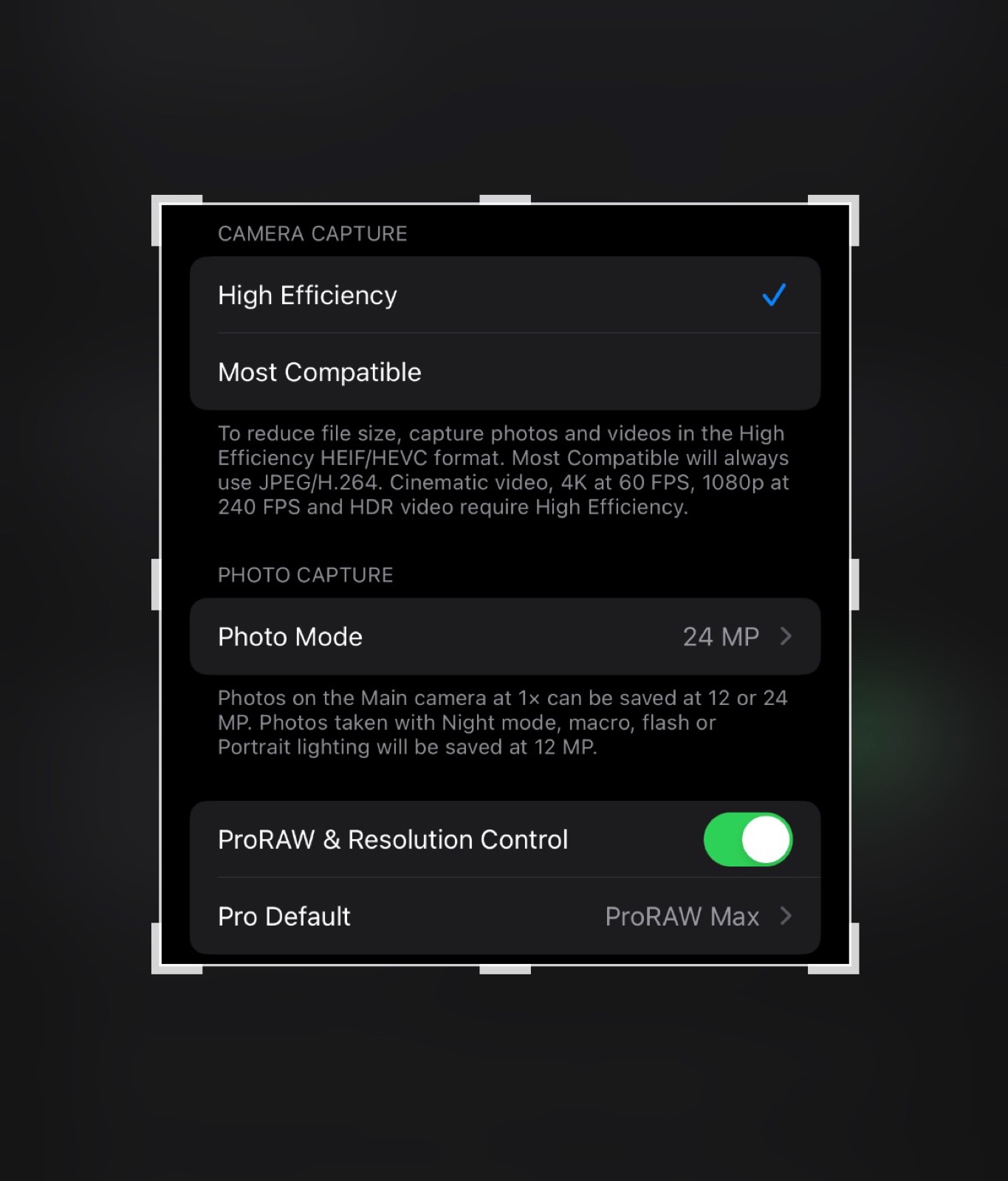 iPhone Settings, Camera, Formats screen showing the High Efficiency option and Apple ProRAW toggle